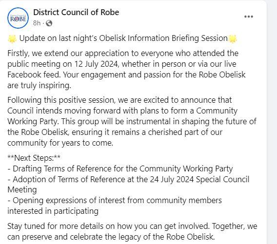 Robe Council's Facebook post about the obelisk.