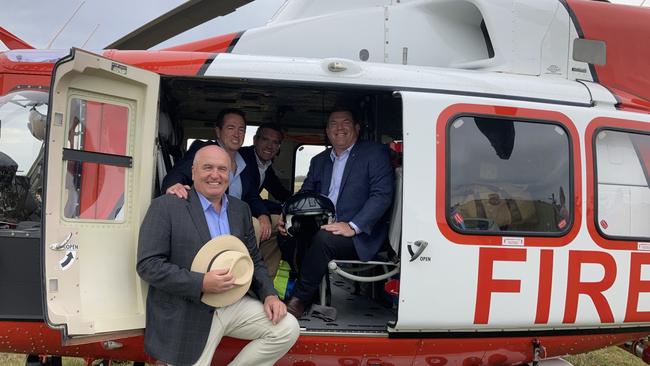 Emergency Services Minister David Elliot, Deputy Premier Paul Toole, Premier Dominic Perrottet and Dubbo Nationals MP Dugald Saunders on board RFS aircraft which was relocated to Dubbo.