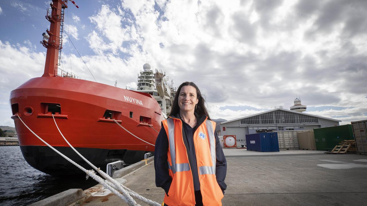 Australian Antarctic Division chief scientist Nicole Webster in front of the RSV Nuyina at Hobart. Picture: Chris Kidd