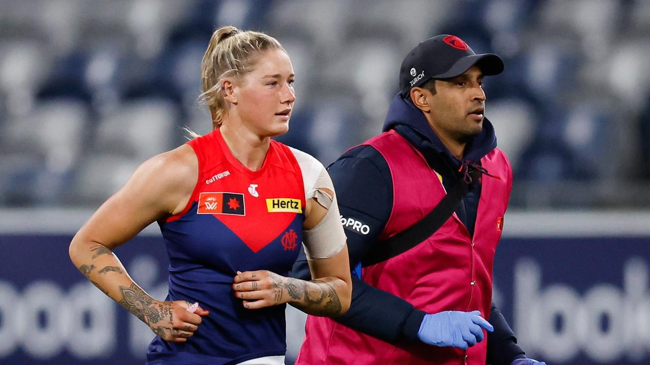 Melbourne forward Tayla Harris will miss the rest of the 2024 season after re-injuring her shoulder against Geelong on Saturday night. Picture: Dylan Burns / Getty Images