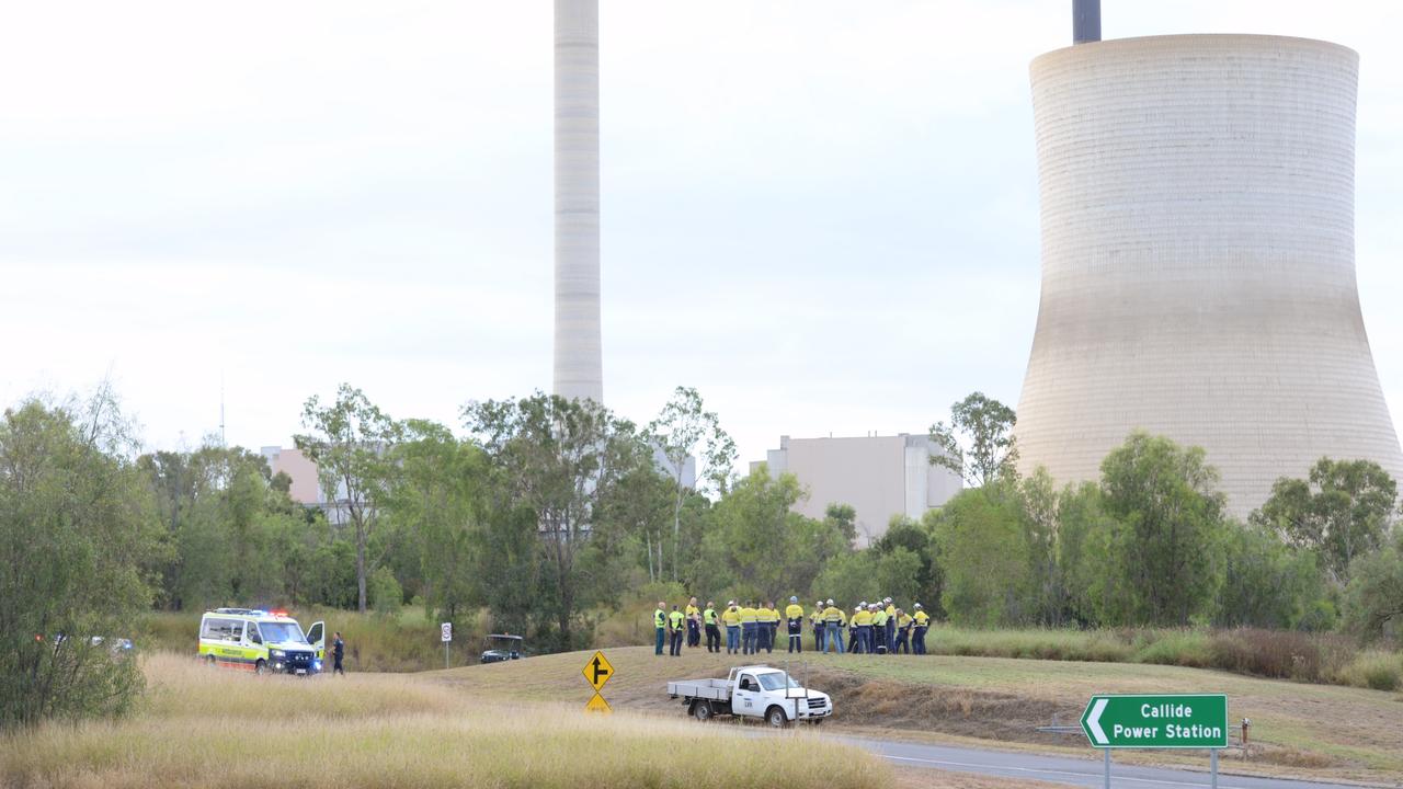 Workers from the Callide Power Station outside the site after a fire. Picture: William Debois