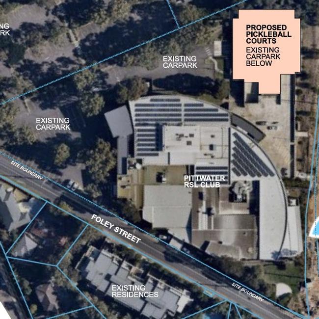 A map showing the location of the six pickleball courts proposed for the rooftop car park at Pittwater RSL in Mona Vale. Picture: Supplied