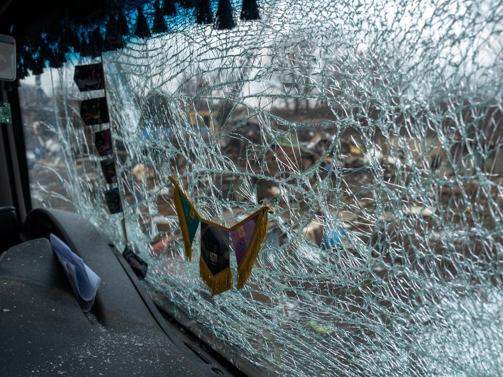 A window of a truck stands shattered in an industrial area in Kyiv following a morning missile strike that left 11 people dead and 11 injured. Picture: Getty Images