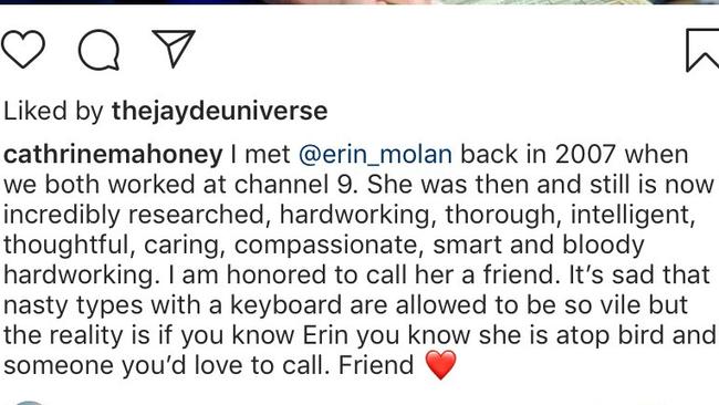 Instagram post by Catherine Mahoney about Erin Molan.