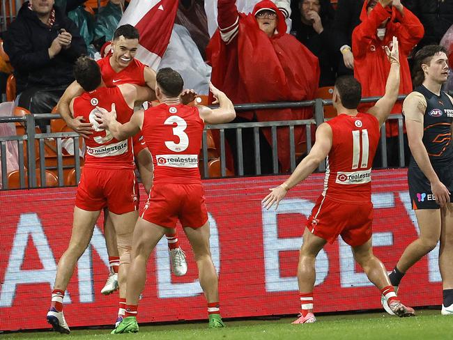 Cleary celebrates after kicking a goal on debut last year. Picture: Phil Hillyard