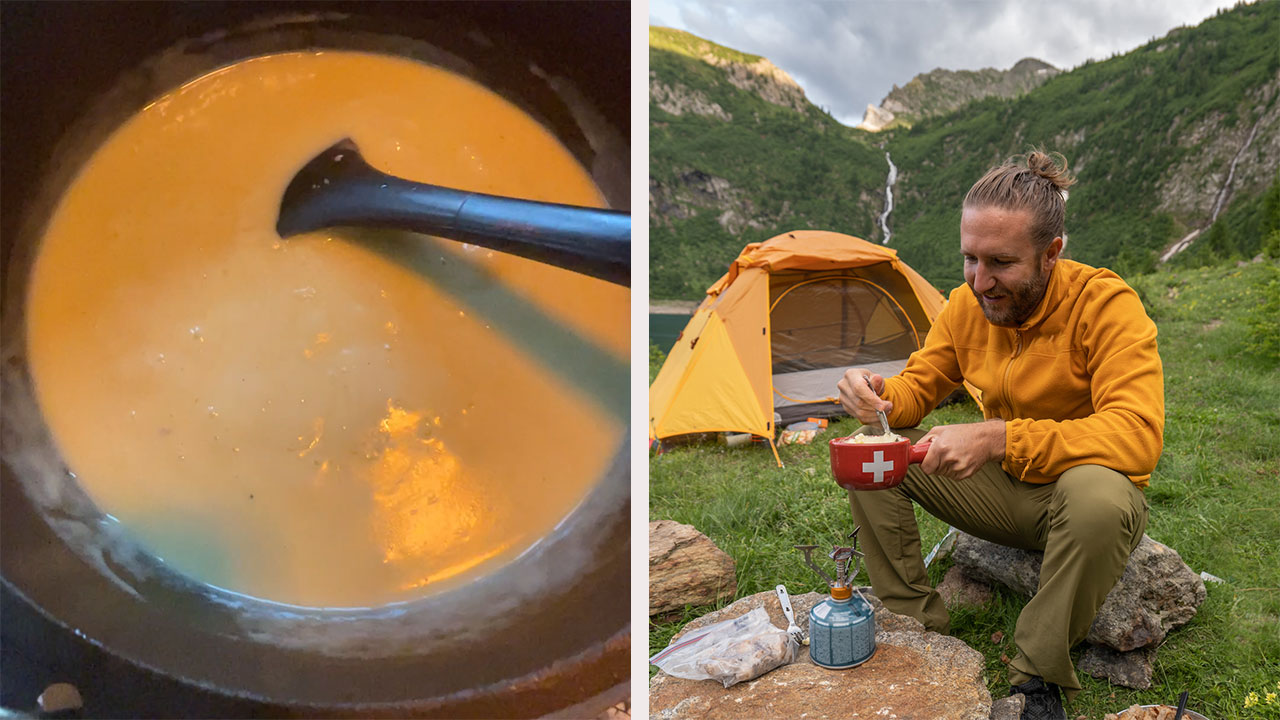 <h2><span>Cheese fondue</span></h2><p><span>Ah, fondue, one of the greatest inventions ever made. The Swiss would probably scoff at this iteration. Don&rsquo;t let them dissuade you. The number one rule when camping is to make sure there&rsquo;s as little washing up as possible, that&rsquo;s why one-pot meals are king. You could make the fondue from scratch in a camp oven, or whip it up before you go and freeze it in a ziplock bag to reheat. It's a great way of getting rid of all the leftover cheese in your fridge. Put the camp oven on the table on a piece of flat wood or over a single burner stove and dig in with baguette and chopped apple, cauliflower and mushrooms. Alternatively, serve it deconstructed poured over the veggies and bread.&nbsp;</span><span><br></span></p>