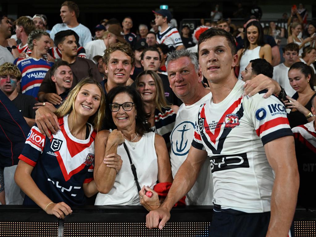 Hugo Savala and his family after his debut. Picture: NRL Photos