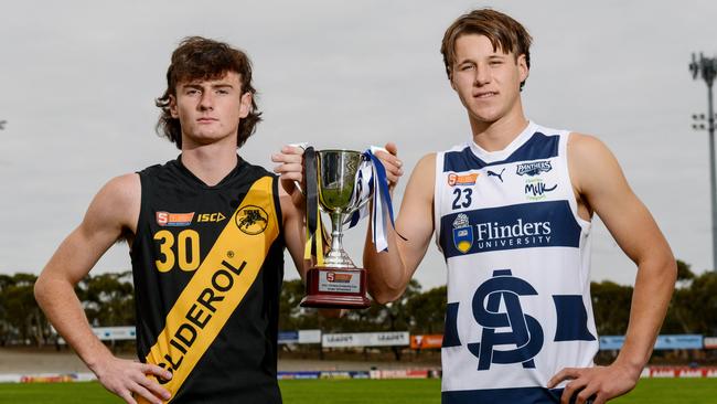 Glenelg under-16 captain Ben Ridgway (L) with South Adelaide skipper Tom Wheaton ahead of the SANFL Torrens University grand final. The clash will be live streamed by The Advertiser on Sunday. Picture: Brenton Edwards