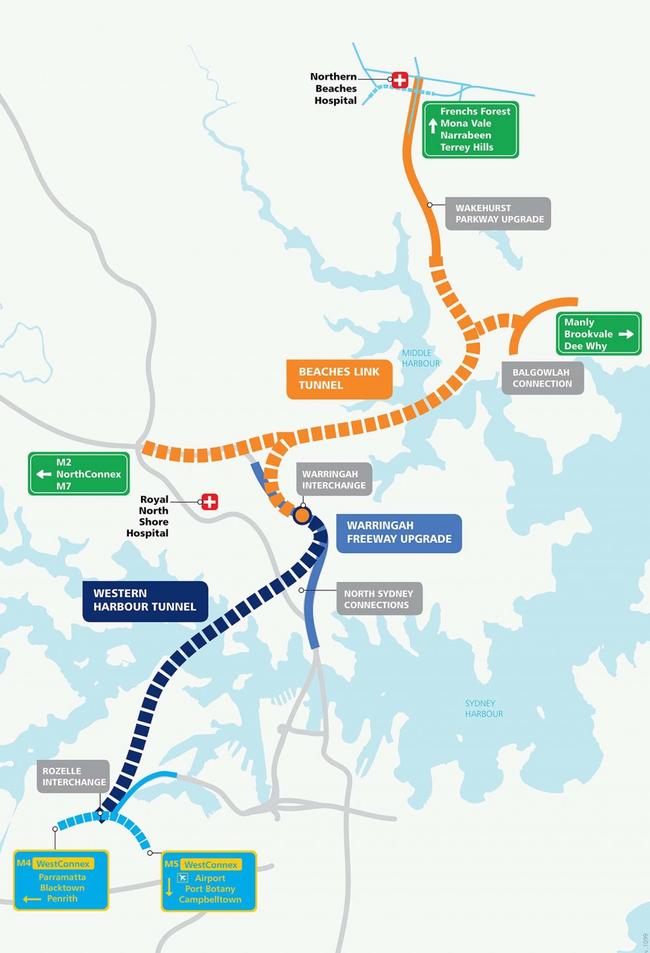 The Western Harbour Tunnel (blue line) will connect the Rozelle interchange to the Warringah Freeway under the harbour between Birchgrove and Waverton.