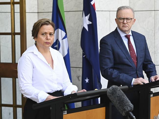 CANBERRA, AUSTRALIA  - NewsWire Photos - November 8, 2024: Prime Minister Anthony Albanese and Australia's Communications Minister, Michelle Rowland hold a press conference at Parliament House in Canberra. Picture: NewsWire / Martin Ollman