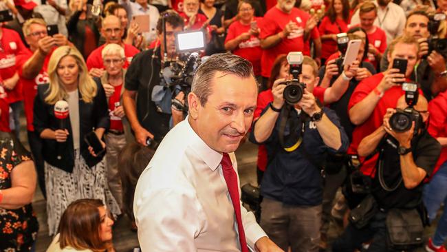 Premier Mark McGowan is the centre of attention in Rockingham as his family and supporters help celebrate his election victory. Picture: Colin Murty