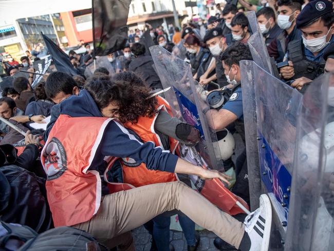 Young Turkish demonstrators clash with police at Kadikoy. Picture: Bulent Kilic