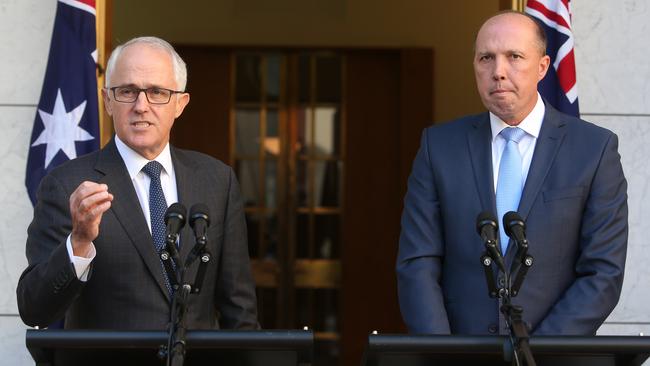 PM Malcolm Turnbull holding a press conference with the Minister for Immigration and Border Protection Peter Dutton at Parliament House this afternoon. Picture: Kym Smith