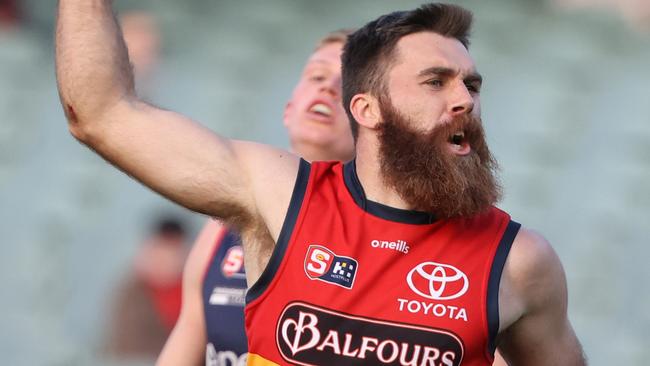 Isaya McKenzie from the Crows reacts after scoring a goal during the SANFL last season’s qualifying final against Norwood. Picture: David Mariuz