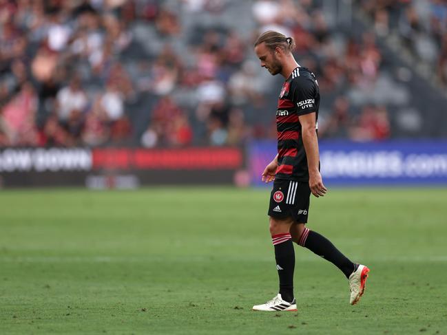 Wanderers star Jorrit Hendrix leaves the field after being sent off on Sunday. Picture: Cameron Spencer/Getty Images