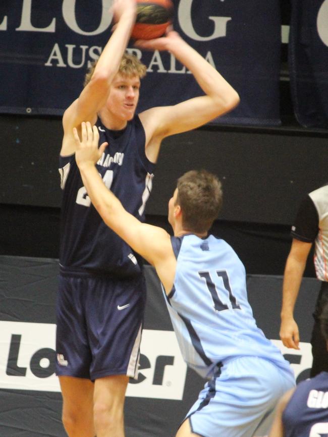 NBA Global Academy's Rocco Zikarsky during the Under-20 National Championships in Geelong. Picture: Lachlan Hannah