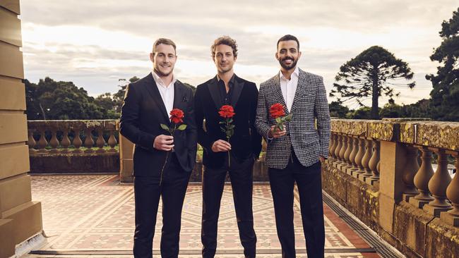 Former NRL player Luke Bateman, , Australian model Ben Waddel and Brazilian influencer Wesley Senna Cortes Are The Bachelors Australia 2023. Picture: Ten
