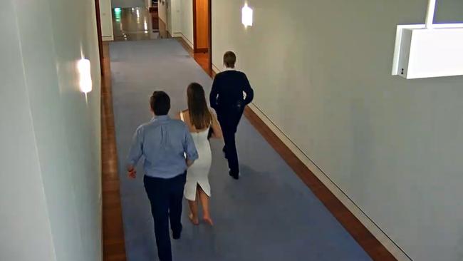 CCTV of Brittany Higgins and Bruce Lehrmann inside Parliament House in Canberra on the night she alleges she was raped inside Senator Reynold’s office. Picture: NCA NewsWire