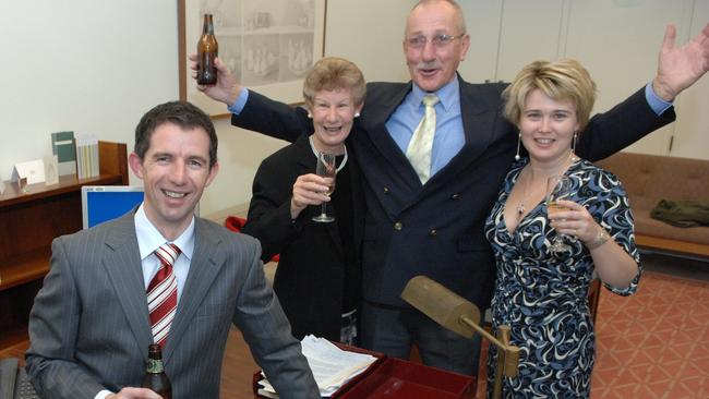 Senator Simon Birmingham with his mother Diana, stepfather Jim and partner (now wife) Courtney Morcombe after making his maiden speech to Parliament in 2007.