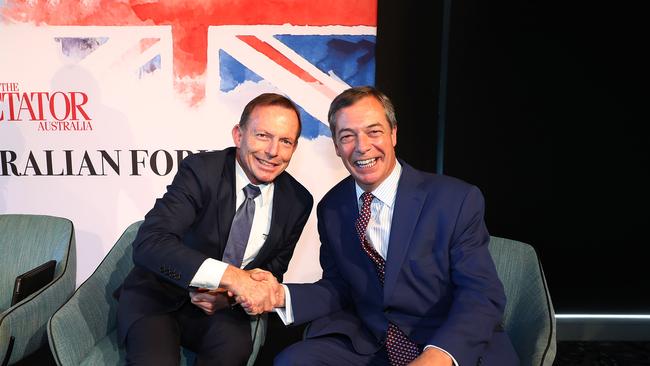 Nigel Farage and former PM, Tony Abbott at the Anglo-Australian Forum organised by The Spectator Australia at Walsh Bay in Sydney. Picture: John Feder