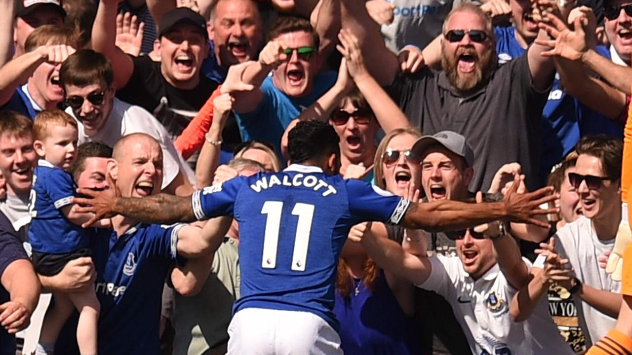 Everton's Theo Walcott celebrates scoring against Manchester United. Picture: AFP 