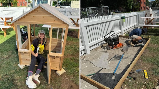 Cafe owner Natalie building the cubby house. Image: Yahoo