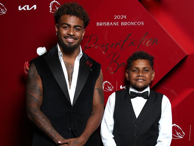 BRISBANE, AUSTRALIA Thursday 10th October 2024 Brisbane Broncos presentation night red carpet arrivals - Ezra Mam and his nephew Javan Mam Picture David Clark