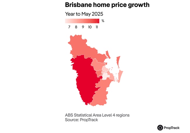 Brisbane heat map for home price growth across its SA4 regions. Source: PropTrack.