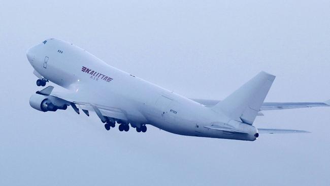 A plane chartered by the US government takes off from Tokyo with American passengers who were aboard the quarantined cruise ship the Diamond Princess. Picture: Sadayuki Goto/Kyodo News