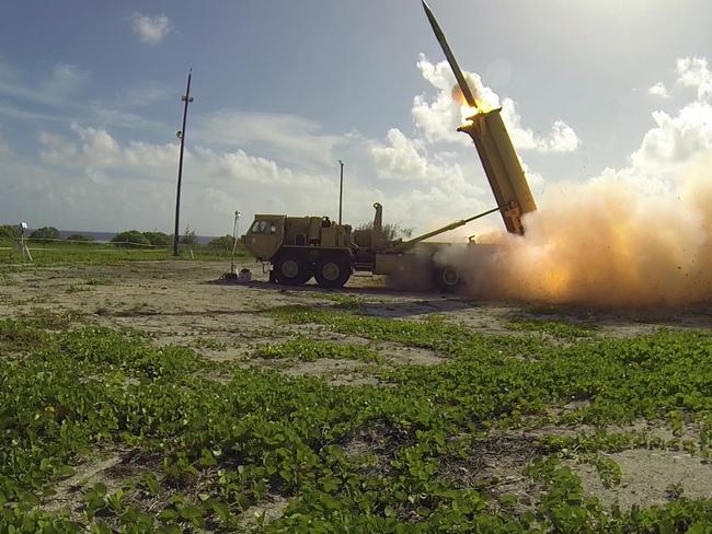 The THAAD missile defence system is made up of a launcher containing interceptors which is mounted on a truck and can be moved around. It’s a key line of defence against North Korean missile’s hitting US cities. Picture: AFP/DOD