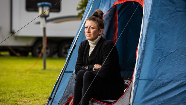 Meagan is a victim of the rental crisis and has been living in a tent at West Beach Caravan Park. Picture: Tom Huntley