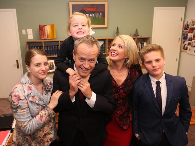 Opposition Leader Bill Shorten with wife Chloe and children Georgette, Clementine and Rupert before his budget reply speech. Picture: Kym Smith