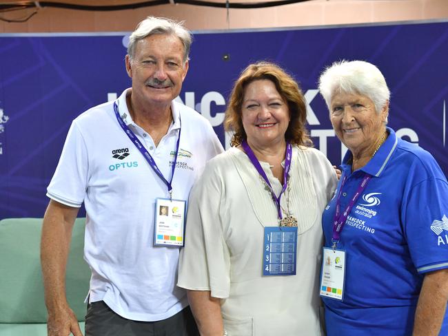 President of Swimming Australia, John Bertrand (left), Chairman of Hancock Prospecting, Gina Rinehart (centre) and Australian Olympic legend, Dawn Fraser (right) are seen during day three of the 2018 Australian Swimming Trials at the Gold Coast Aquatic Centre at Southport on the Gold Coast, Friday, March 2, 2018. (AAP Image/Darren England) NO ARCHIVING, EDITORIAL USE ONLY