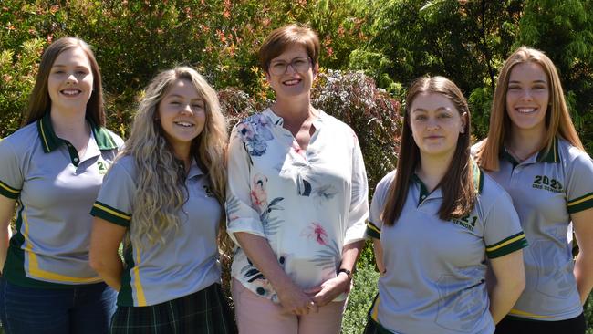 Grant High School leaders, Rachael Kelly, captain, Scout Elshaug, vice-captain, Fleur Roachock, principal, Caitlin Letizia, captain and Kellie Wallace, vice-captain. Picture: Grant High School