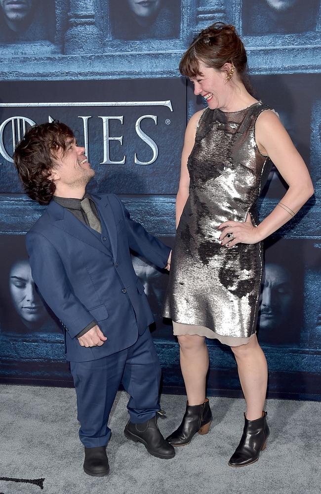 Peter Dinklage and Erica Schmidt attend the premiere of HBO’s “Game Of Thrones” Season 6 at TCL Chinese Theatre on April 10, 2016 in Hollywood, California. Picture: AFP