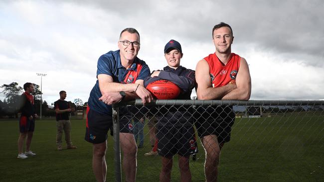 Brighton Football Club will re-enter the SFL in 2020. (L-R) men's senior's coach Byron Howard, SFLW player Taylor Ford and new recruit and assistant coach Wade Wall. Picture: LUKE BOWDEN