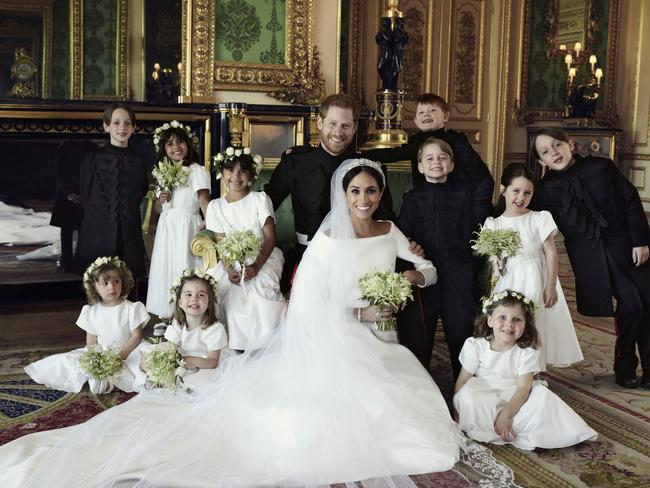 Meghan and Harry with their bridesmaids and page boys. Back row: Brian Mulroney, Remi Litt, Rylan Litt, Jasper Dyer, Prince George, Ivy Mulroney, John Mulroney. Front row: Zalie Warren, Princess Charlotte and Florence van Cutsem. Picture: Alexi Lubomirski/Kensington Palace via AP