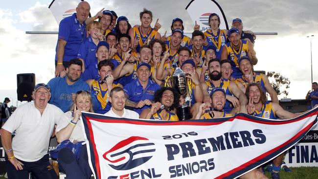 Cranbourne celebrates winning the 2016 SEFNL flag. Picture: Richard Serong