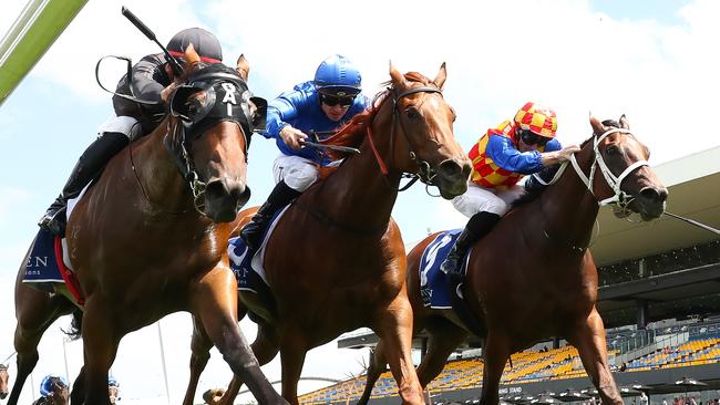 SYDNEY, AUSTRALIA - FEBRUARY 01: (L) Regan Bayliss riding The Playwright win Race 4 Widden Stakes during Sydney Racing at Rosehill Gardens on February 01, 2025 in Sydney, Australia. (Photo by Jeremy Ng/Getty Images) *** BESTPIX ***