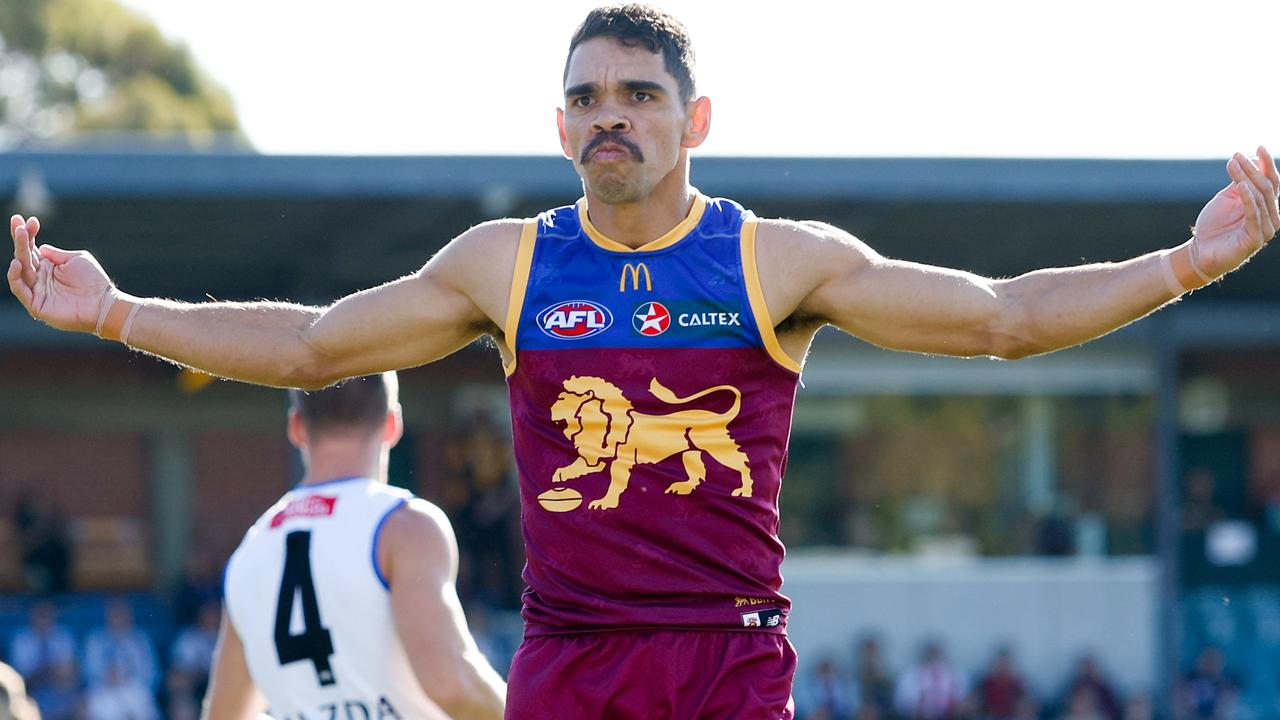 ADELAIDE, AUSTRALIA - APRIL 05: Charlie Cameron of the Lions celebrates a goal during the 2024 AFL Round 04 match between the Brisbane Lions and the North Melbourne Kangaroos at Norwood Oval on April 05, 2024 in Adelaide, Australia. (Photo by Dylan Burns/AFL Photos via Getty Images)