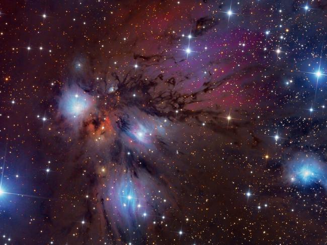 Insight Astronomy Photographer of the Year 2017 shortlist selection: NGC 2170: Dust and Reflections . Picture: Steven Mohr (Australia) This very unusual but beautiful reflection nebula can be found in the constellation of Monoceros. Adjoining NGC 2170 is a dense red emission region, while flowing overhead, and dispersing in numerous directions, are fluttering ribbons of pronounced dense dust, which sit in the foreground of the gentle red emission nebula LBN999. To the lower right of the image, the scene is shared with the delicate reflection nebula NGC 2182. The image is a composition of luminance, red, green and blue filters, which were then processed in CCDStack, CCDBand-Aid, Photoshop, PixInsight, and StarTools. Central Victoria, Australia, 3 March 2017