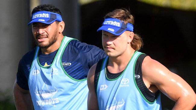 NQ Cowboys training at Cowboys HQ at the Hutchinson Builders Centre. Jason Taumalolo and Reuben Cotter. Picture: Evan Morgan