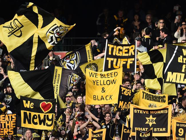 Richmond Tigers cheer squad and fans during a game against the Collingwood in 2015. Picture: AAP