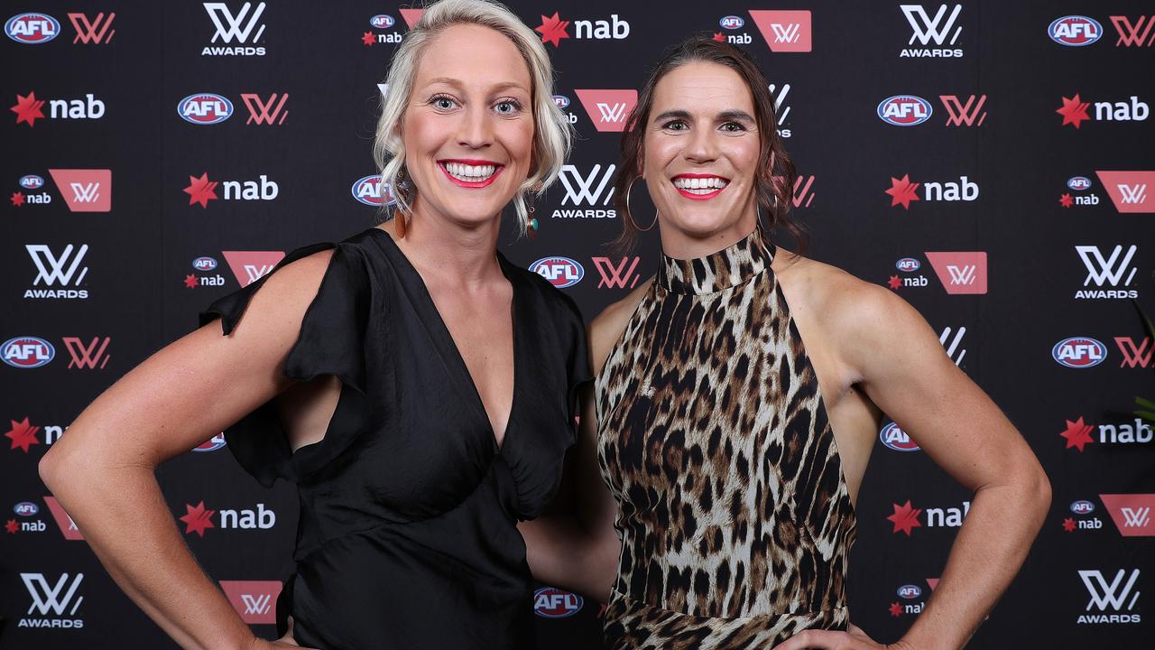 Chelsea Randall with partner Marijana Rajcic at the 2021 W Awards at Adelaide Oval. Picture: Sarah Reed/AFL Photos via Getty Images