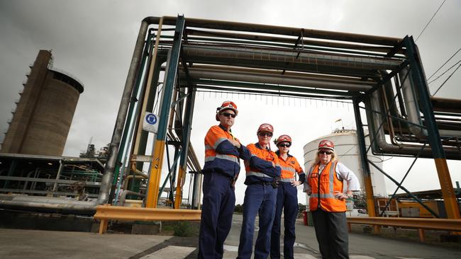 18/10/2018: Incitec Pivot workers (L-R)  Phil Everso, Des Smith, Kelsey Hutchinson and Hilda Freibergs, workers inside Incitec Pivot's Gibson Island ammonia plant, Murarrie, Brisbane .The plant can't find any gas supplies for 2020-21 which may force the facility to shut down. Lyndon Mechielsen/The Australian