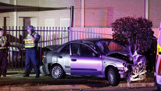 The smashed up Nissan Pulsar, allegedly driven by Blacktown man Harjinder Singh, 22, at the time of the crash in Doonside on Saturday night. Picture: Steve Tyson/TNV