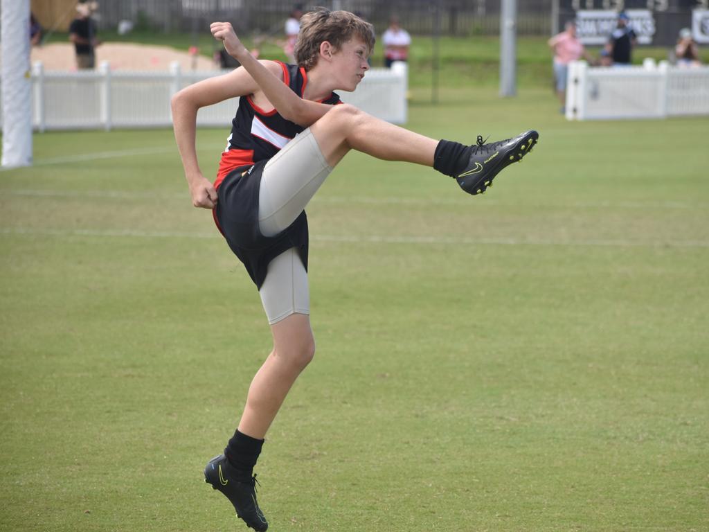 Chayse Hollows in the North Mackay Saints v Mackay Swarks u14 AFL grand final at Magpies Sporting Club. Picture: Matthew Forrest