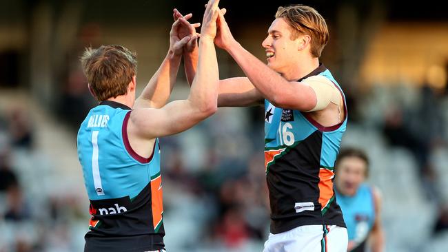 Mitch Maguire of the Allies celebrates a goal in last year’s under-18 championships.