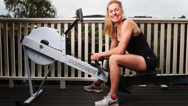 Australian and Tasmanian rower Georgia Nesbitt is back in Hobart after leaving her training base in Sydney due to coronavirus shutting down the facility. She is now encouraging Tasmanians to do the indoor rowing challenge. Picture: NIKKI DAVIS-JONES