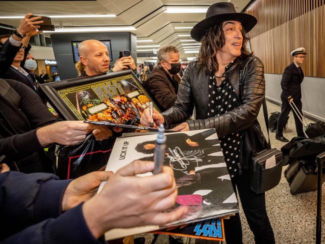 Paul Stanley signs autographs for fans upon arrival at Melbourne Airport to begin the Australian leg of the End of the Road Tour. Picture: Jake Nowakowski